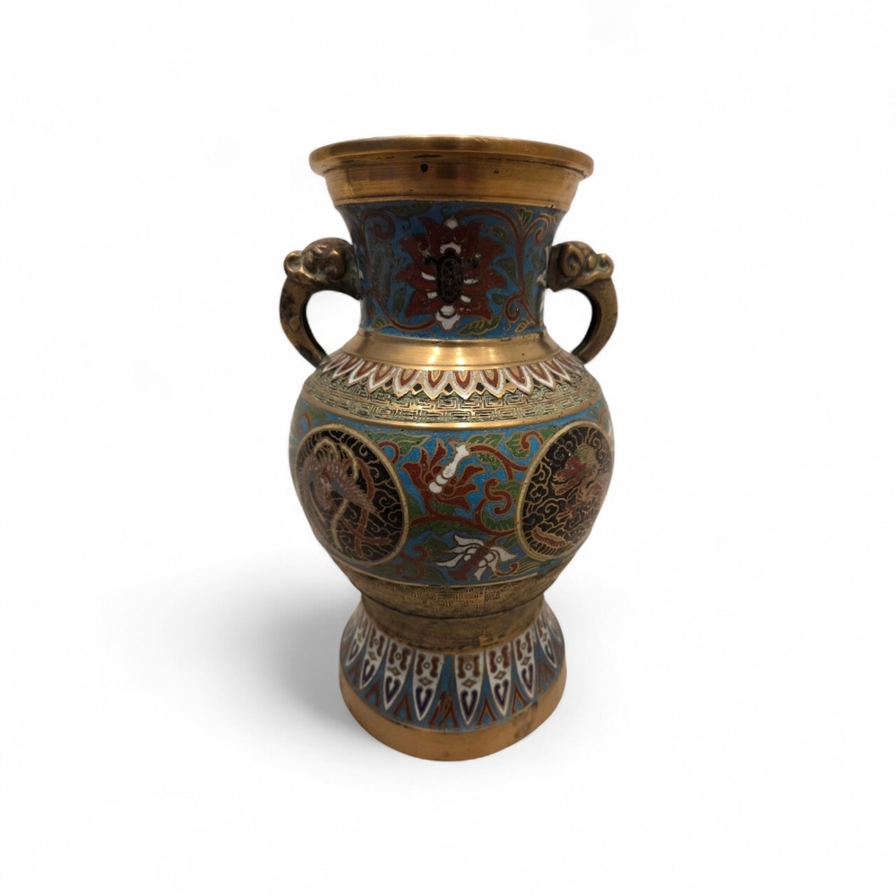 Vintage Chinese Cloisonné Enamel Dragon Urn Vase Censer 13” Brass 2 Handle